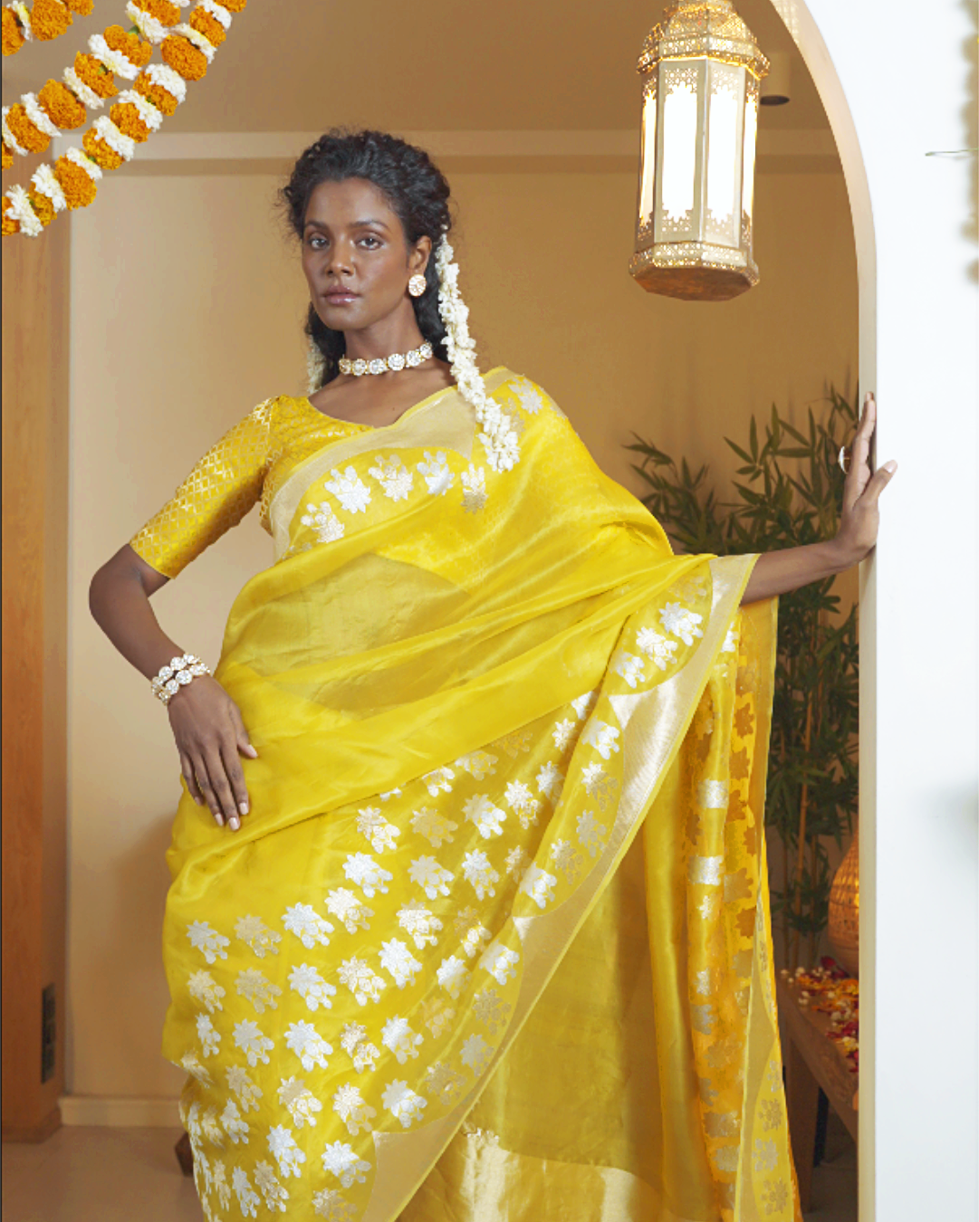 Mustard Banarasi Kora Silk Saree