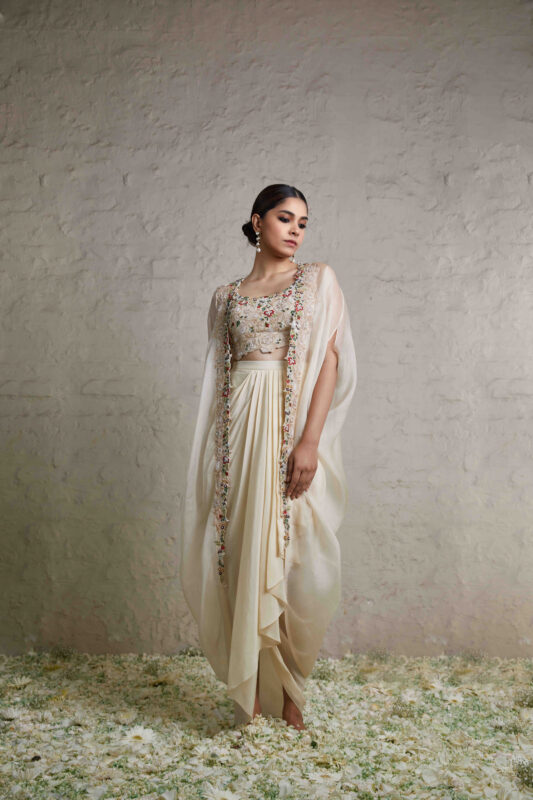 ivory silk blouse with crepe dhoti and organza cape