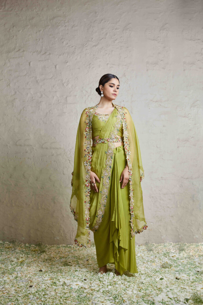 like green silk blouse with organza drape cape and crepe dhoti scaled