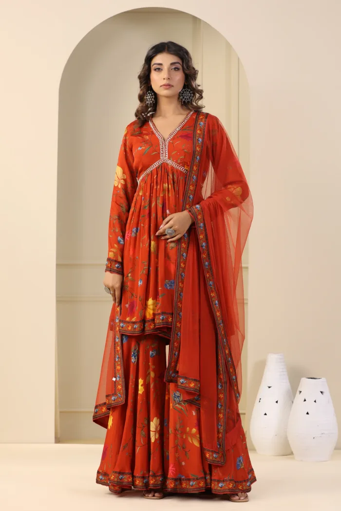 Rust Orange Chinon Silk Floral Printed Sharara Set