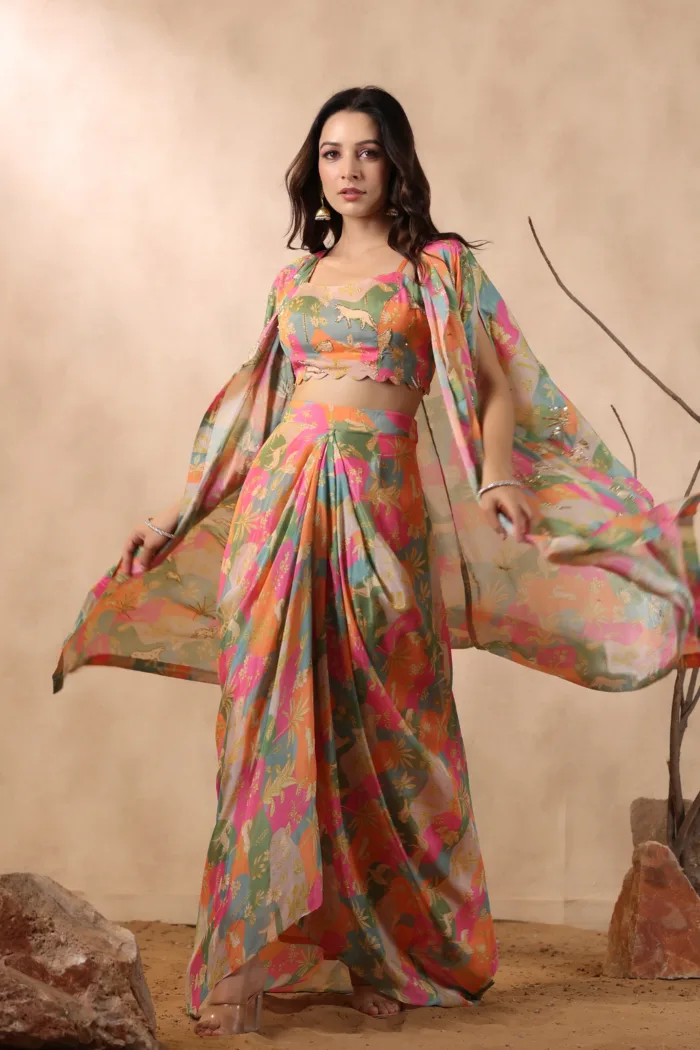 Beige multi-colour printed Indowestern set