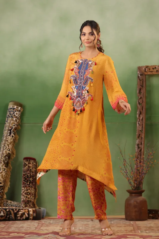 Orange Crepe Printed Kurti Set