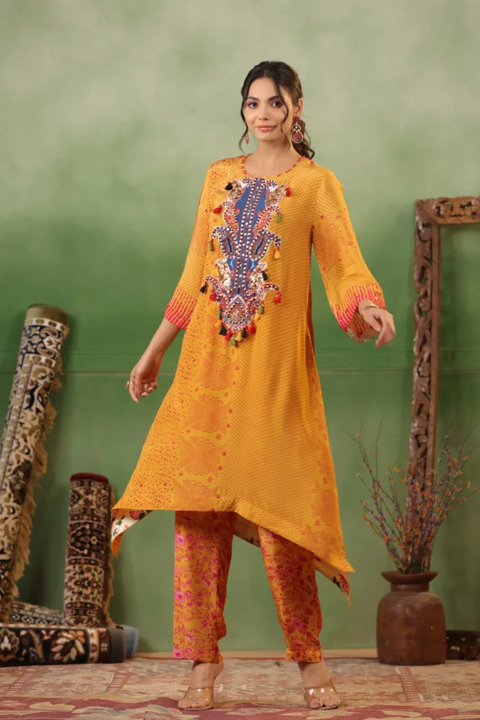 Orange Crepe Printed Kurti Set