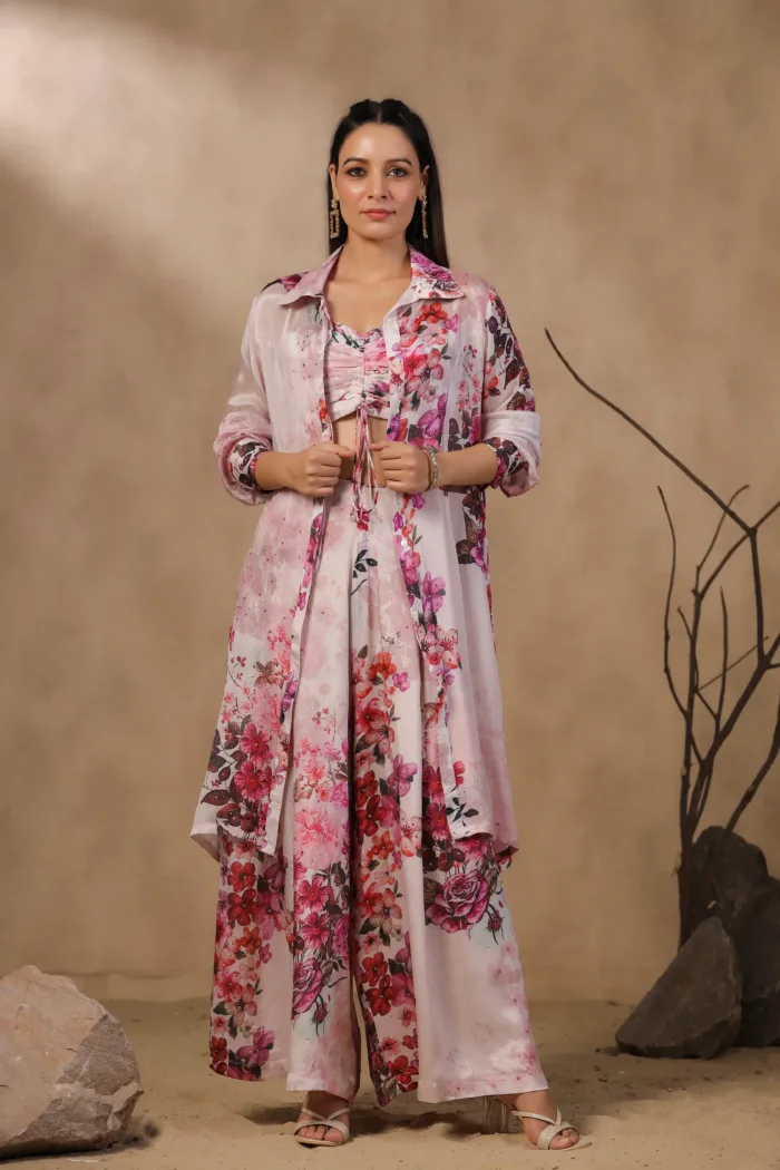 Rose Floral Printed Crepe Indo-western Set