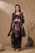 Black Floral Printed Crepe Indo-western Set