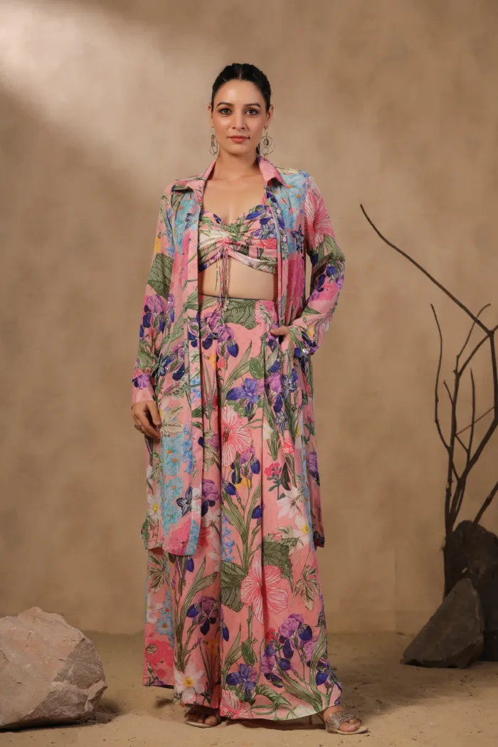 Pink Floral Printed Crepe Indo-western Set