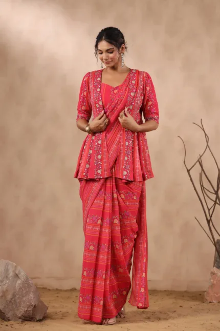 Pink Floral Printed Georgette Drape Saree