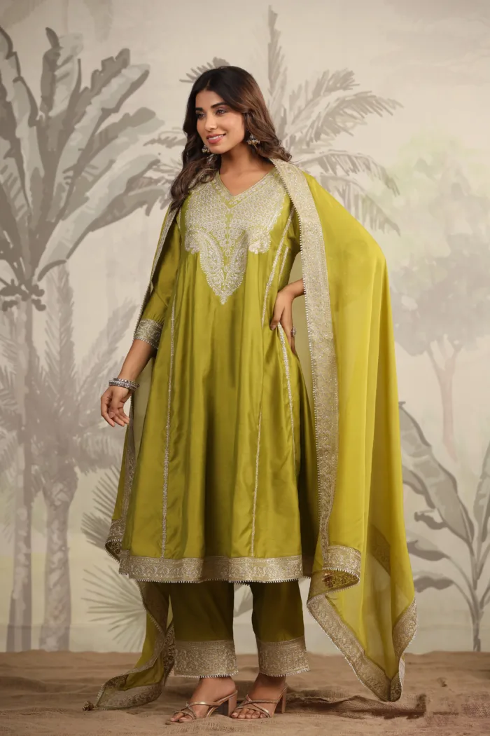 Green Silk Short Anarkali Set