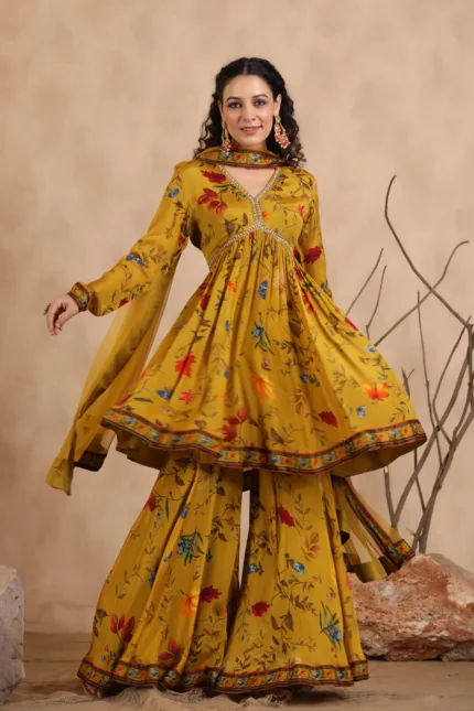 Mustard Chinon Silk Floral Printed Sharara Set