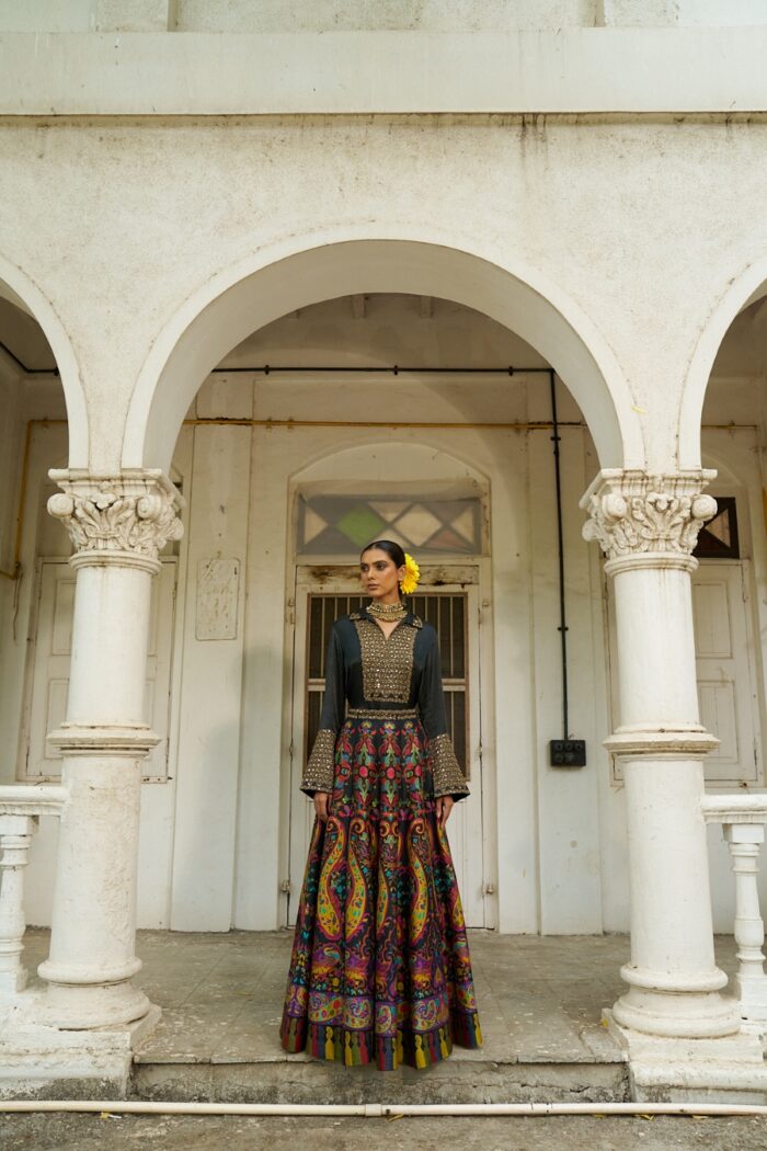 Black Satin Embroidered Shirt with a Multicolour Printed Silk Skirt Set