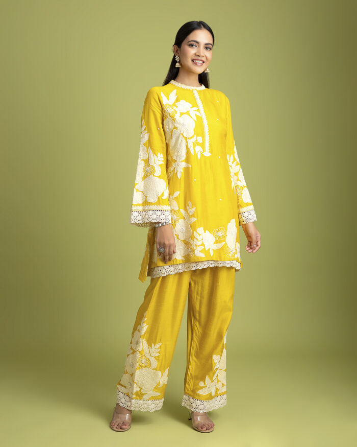 Yellow Silk short Kurta and trousers set