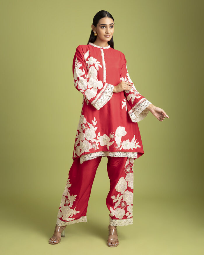 Red Silk short Kurta and trousers set