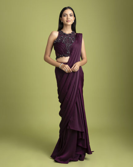 Wine satin silk Drape Saree