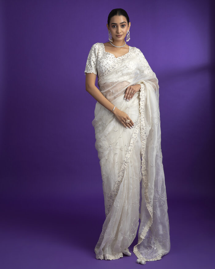 Ivory Organza Saree with Lace Border