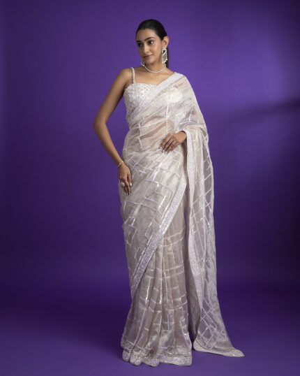 Soft Grey Organza Saree with Geometric Pattern