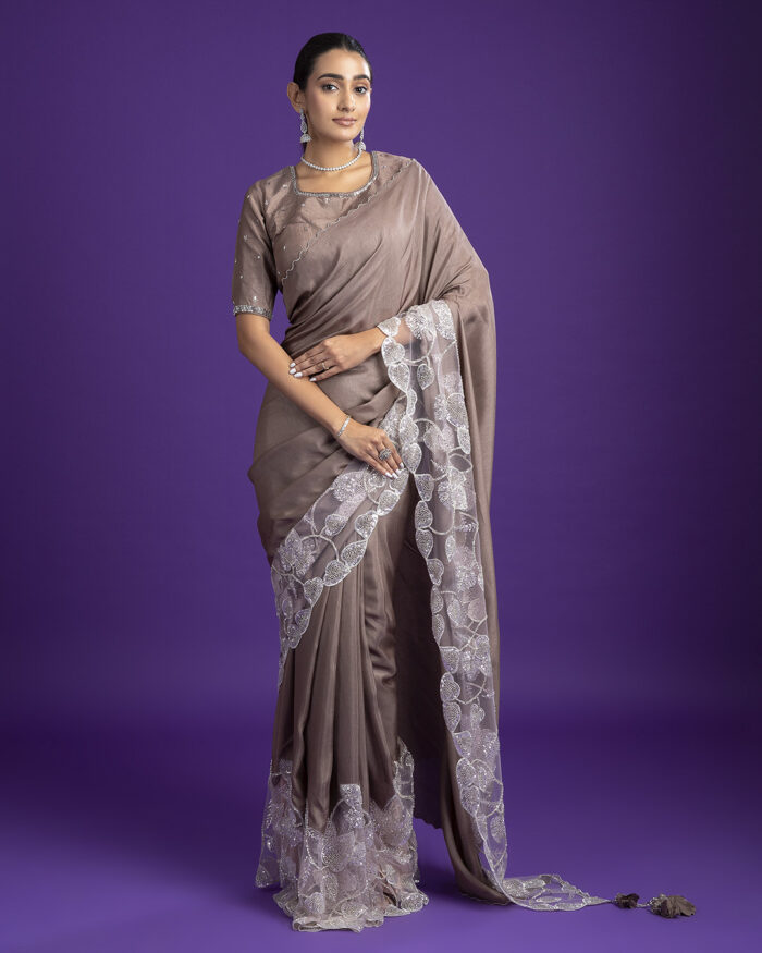 Taupe Silk Saree with Scalloped Border