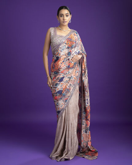 Printed Satin Saree with Sequined Border