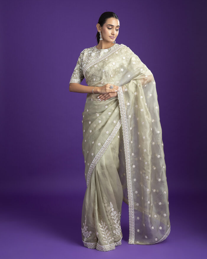 Sage Green Organza Saree with White Floral Embroidery