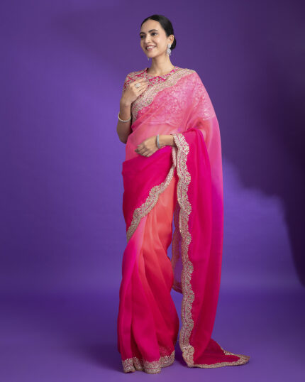 Hot Pink Organza Saree with Zari Border