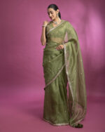 Olive Green Organza Saree with Crystal Border