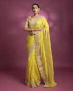 Yellow Organza Saree with Floral Embroidery