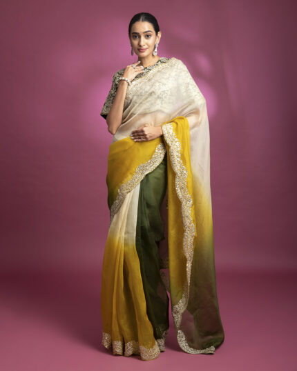 Yellow Green Ombre Organza Saree