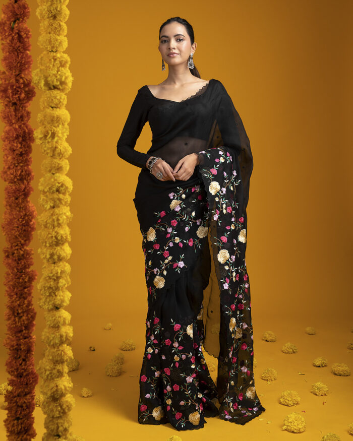 Black Organza Saree with Vibrant Floral Embroidery