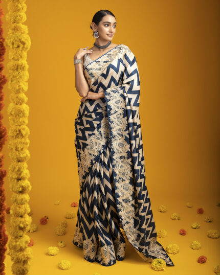 Navy and Ivory Tussar Silk Saree