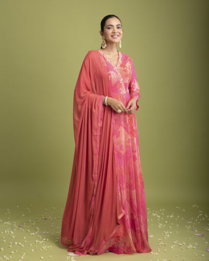 Pink Satin Silk Printed Anarkali