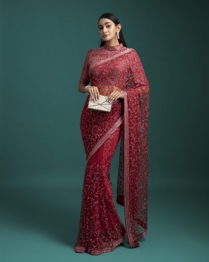 Red Net Saree with All-Over Sequin Work