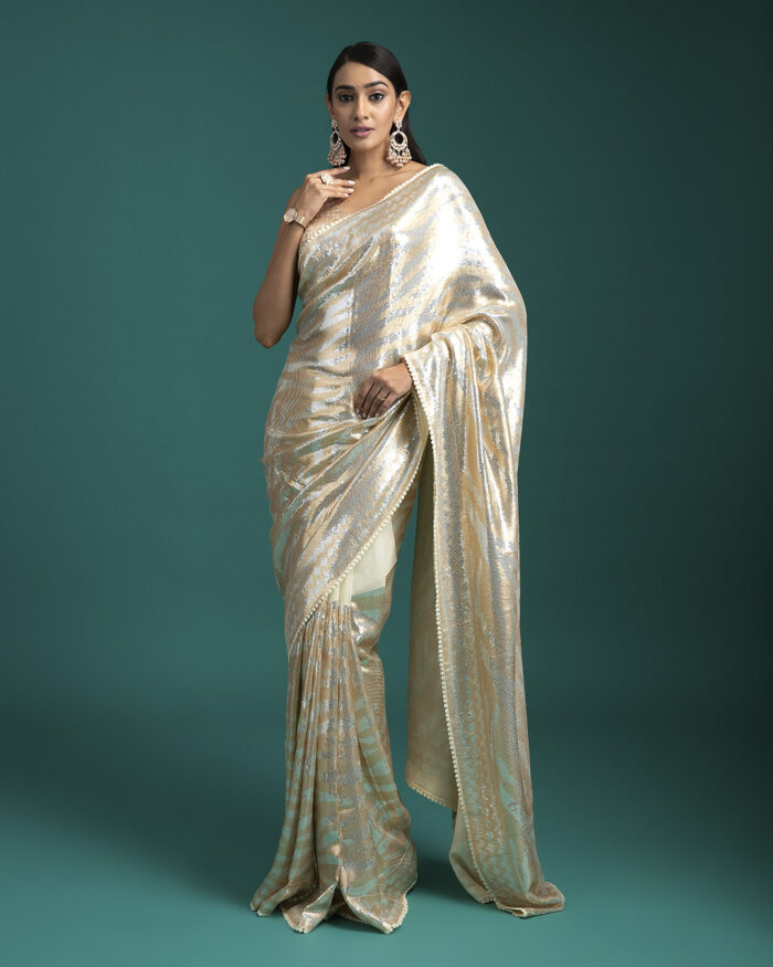 Ivory Striped georgette Saree