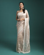 Ivory Striped Organza Saree with Glossy Finish