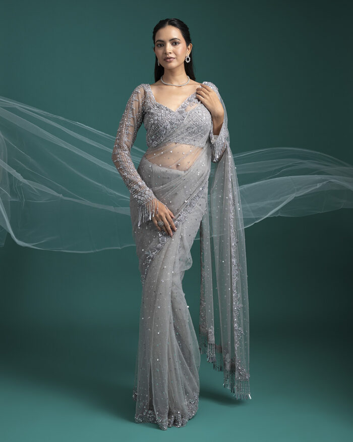 Silver Grey Sequined Net Saree