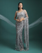 Silver Grey Sequined Net Saree