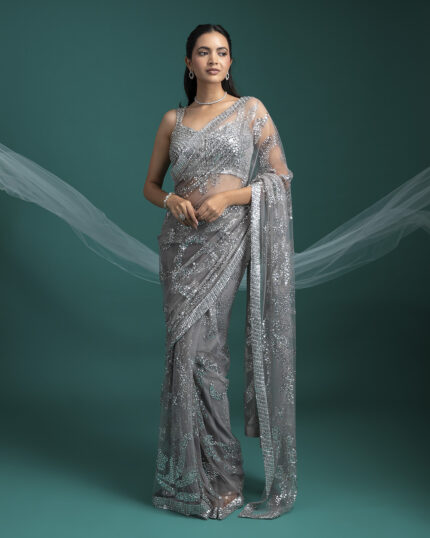 Silver Grey Sequined Net Saree