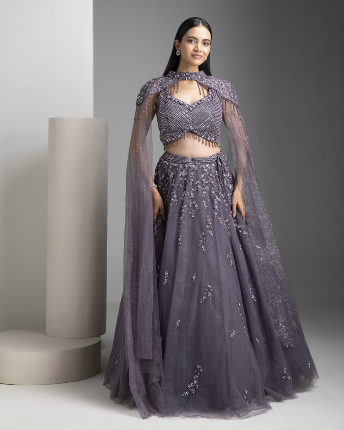 Cloudy Grey Shimmer Lehenga with Cape