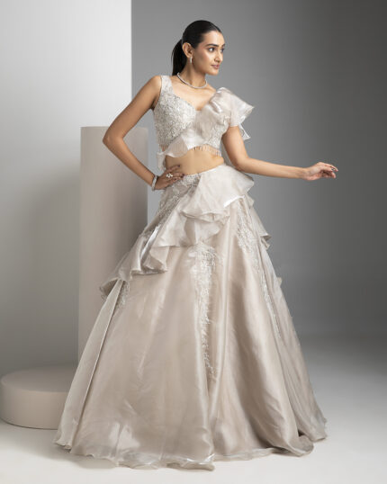 Bone Grey Glass Tissue Lehenga Set