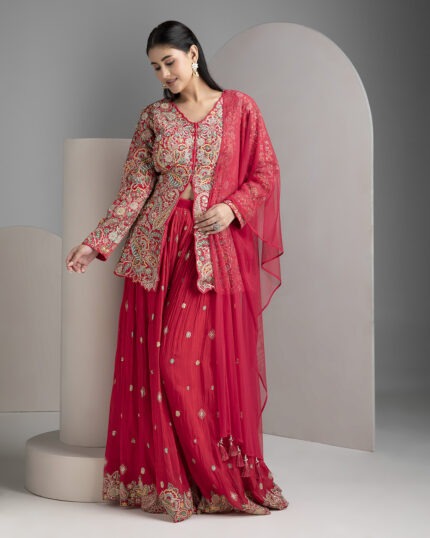 Cherry Red Silk Indo-Western