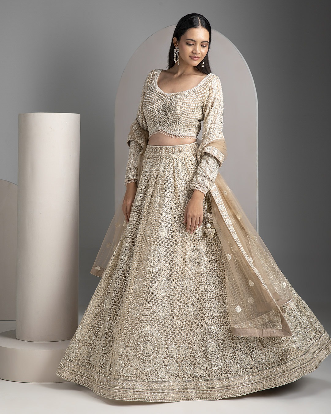 Beige Gold Net Lehenga