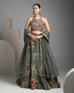 Olive Green Floral Halter-Neck Lehenga Set