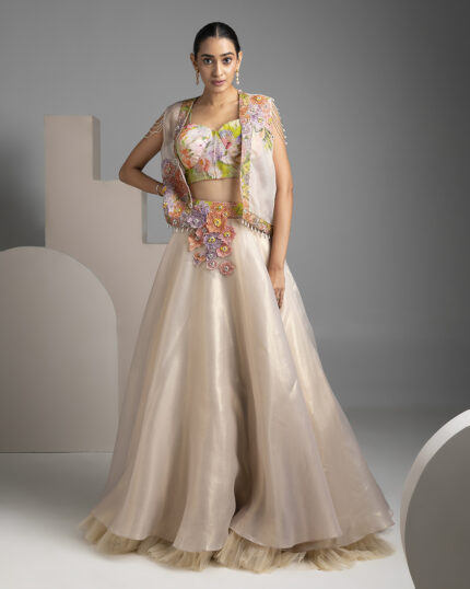 Elegant Floral Embroidered Beige Lehenga Set