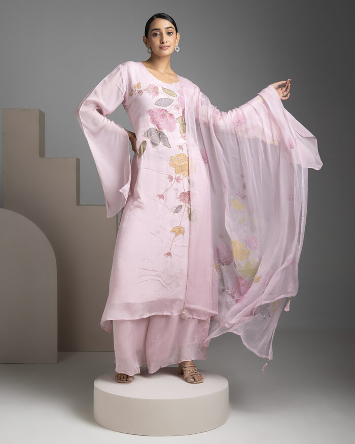 Pink Chinon Kurta and Palazzo Set