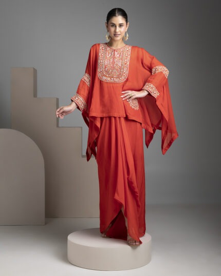 Orange Indo-Western Short Kaftan Set