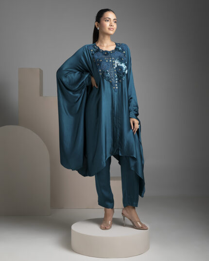 Gable Green Satin Kaftan and Pant Fusion Set