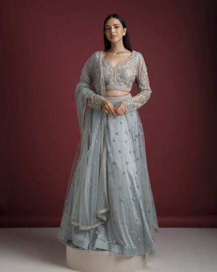 Ash Blue Net Embroidered Lehenga Set