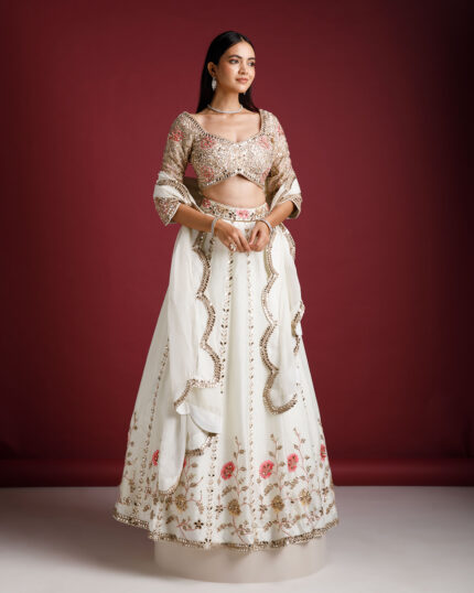 Ivory Embroidered Lehenga with Floral Motifs