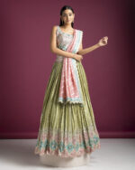 Pastel Green and Pink Embroidered Lehenga