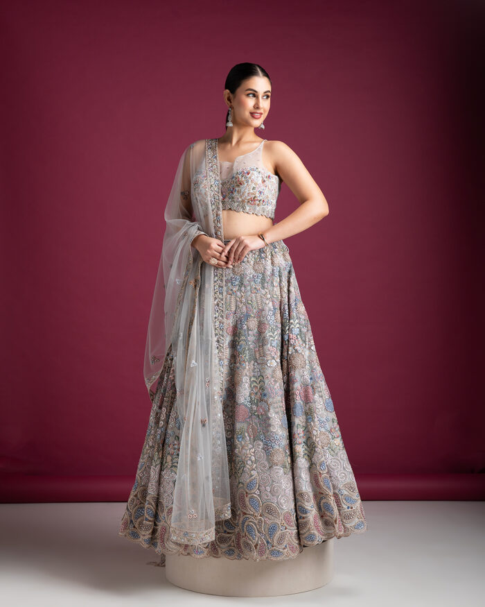 Silver Grey Embroidered Lehenga with Floral Detailing