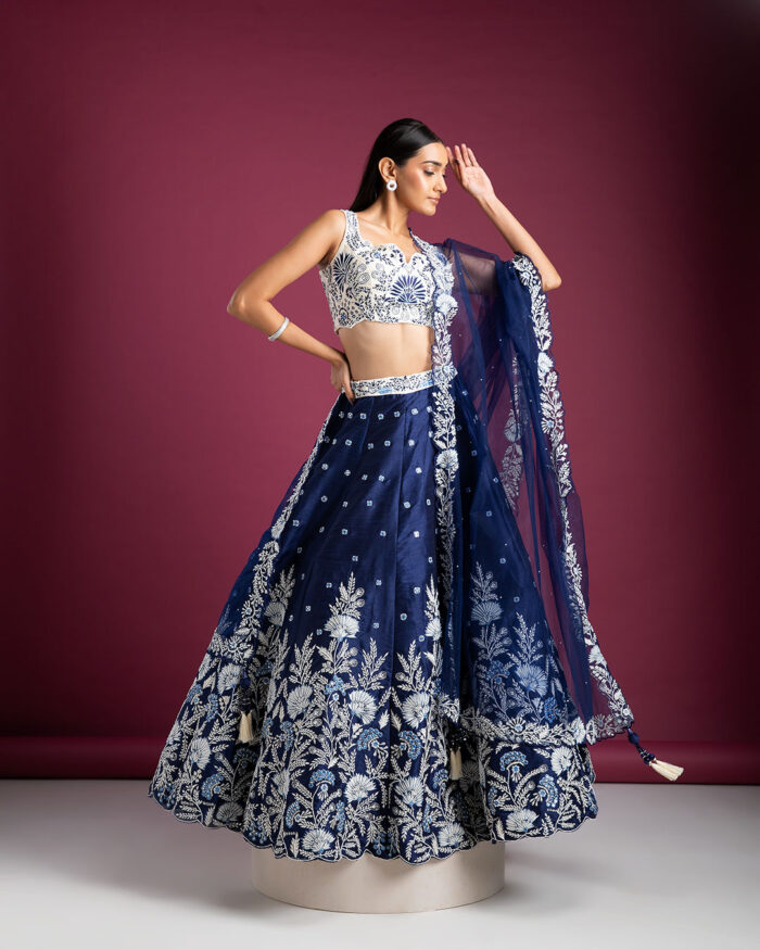 Navy Blue Raw Silk Lehenga Set