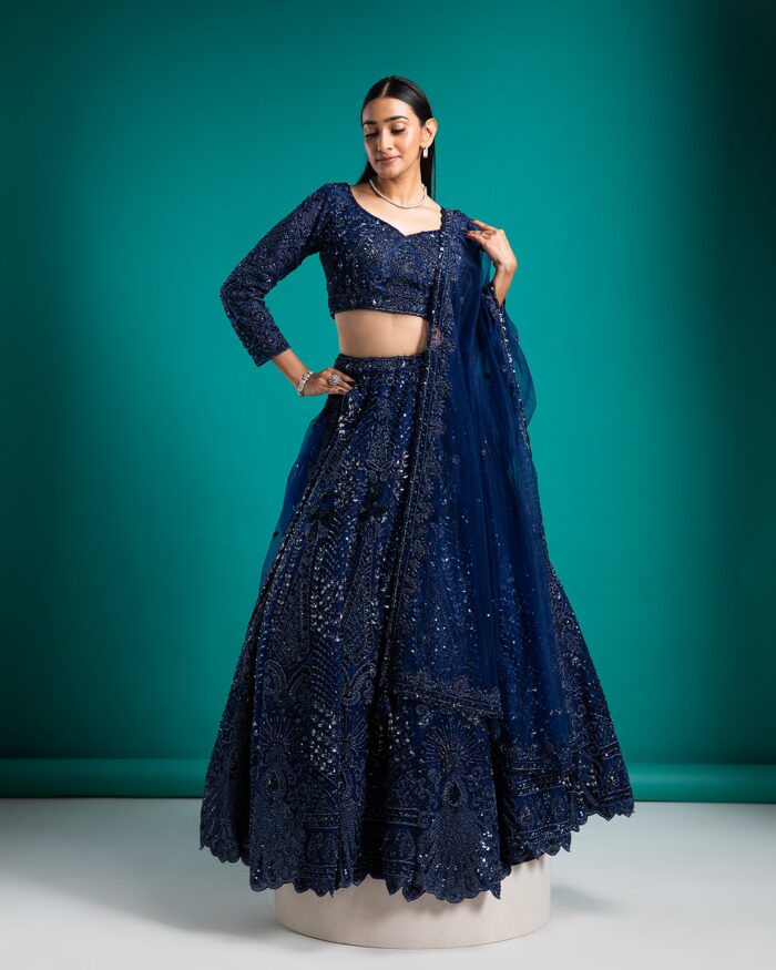 Navy Blue Sequined Bridal Lehenga